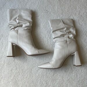Vince Camuto Off-White Slouch Leather Pointed-Toe Block Heel Boots